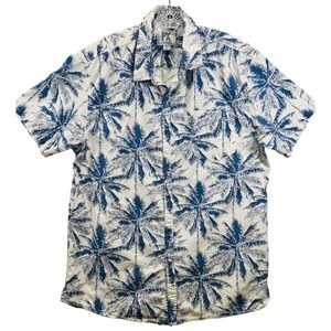 PX Clothing Mens XL Palm Tree Print Button Down Shirt Blue White 100% Cotton